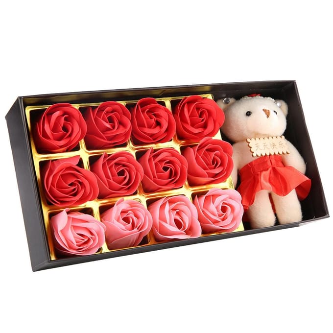 12 Rozen Bloem Zeep Bloem Pluche Beer Valentijnsdag Romantisch Cadeau Met Doos (Rood) red
