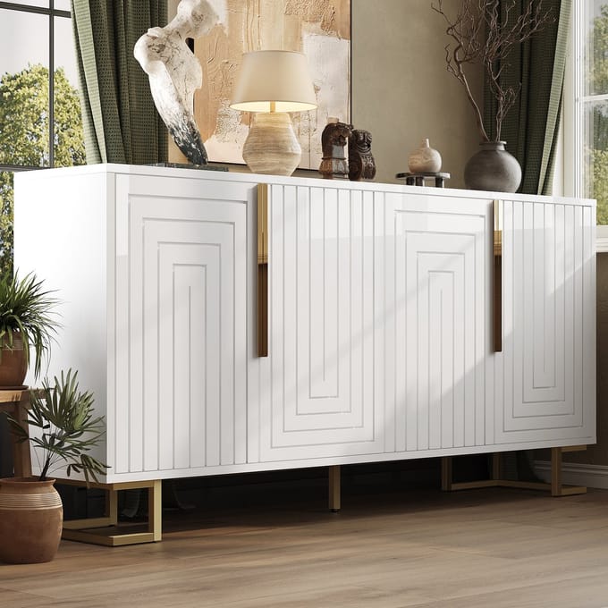 Dressoir - 152x40x75 cm - Geometrisch Design Met Gouden Grepen En Poten - Hout - Wit