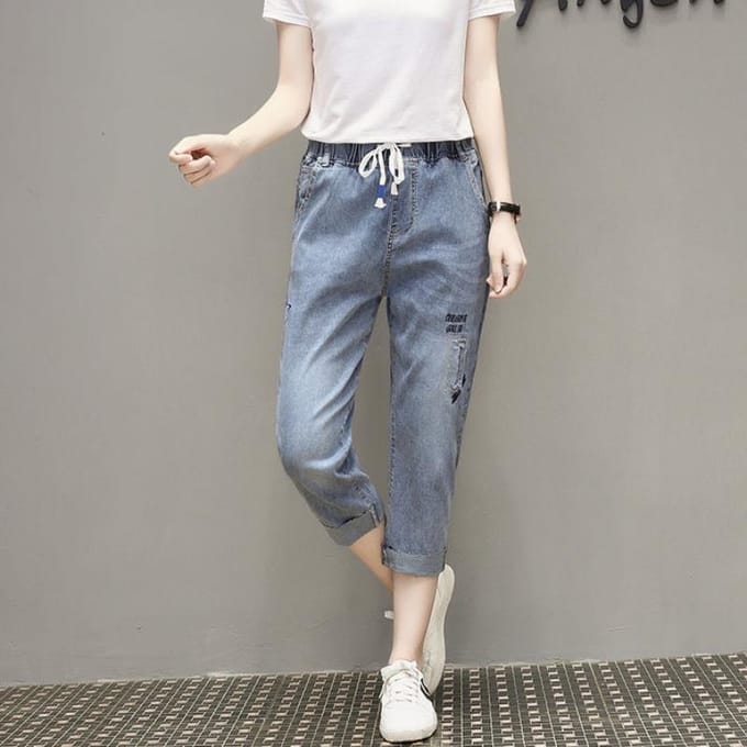 Grote Maat Elastische Taille Geborduurde Cropped Jeans Dames Hoge Taille Stretch Harembroek 5XL gray