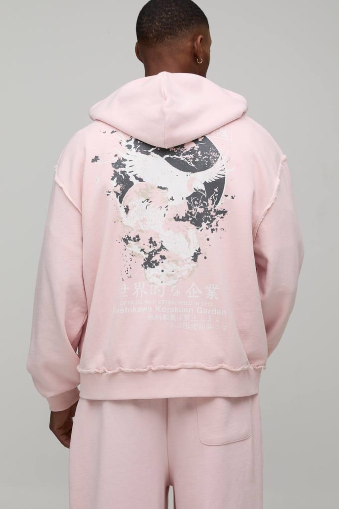 Oversized Boxy Grafische Gewassen Hoodie met Rits | Pink | Size Medium