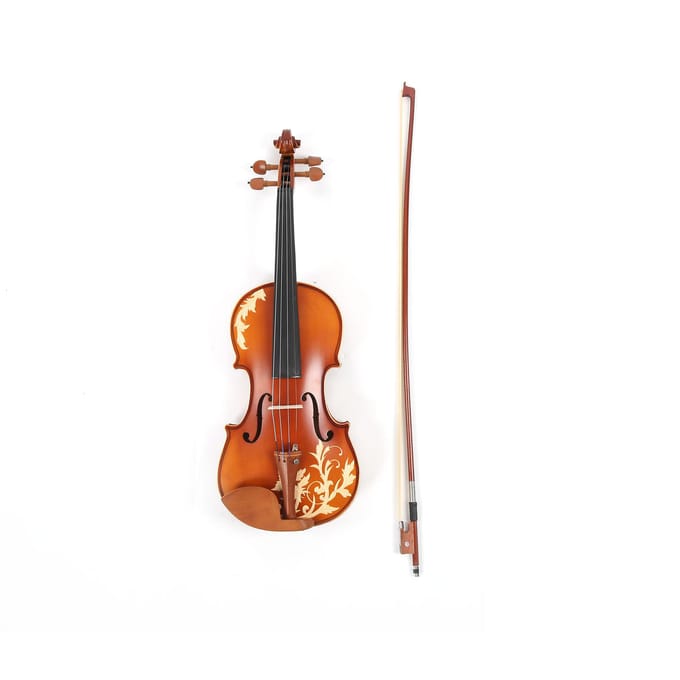 Houten Viool Set met Bloemen Carving, met Strijkstok, Snaren, Hars, Doekje, Brug, Koffer 4/4 AV‑608 brown