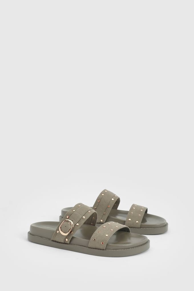 boohoo Dames Faux Suede Slippers Met Dubbele Band En Studs | Kaki | Maat: 37