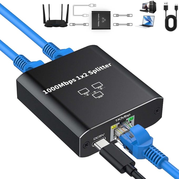 Ethernet Splitter 1 naar 2, RJ45 Gigabit Netwerk Splitter 1000Mbps, 2 Poorts Switch voor Computer en Router met USB Type-C Voeding