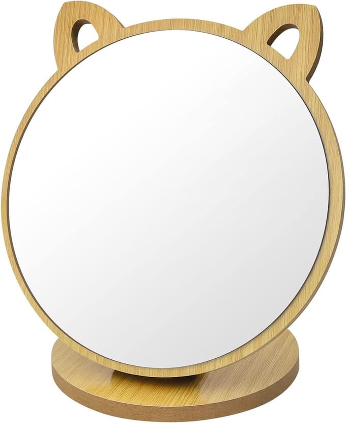 DEANKEJI Makeup Mirror, Small Mirror, Creative Cat Ear Shape, Adjustable Angle, Folding Mirror, Wooden Frame with Wooden Base, Cute Style, Cosmetic Mirror for Bedroom and Living Room