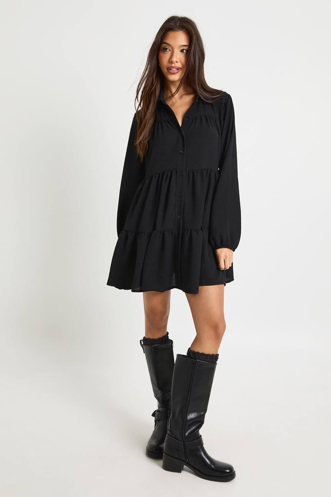 boohoo Dames Getextureerde gelaagde smock jurk | Black | Maat: 6