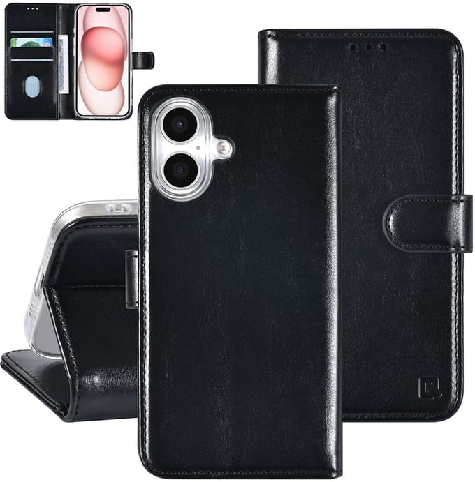 TUNIQ iPhone 16 Book Case hoesje Pasjeshouder voor 3 pasjes - Hanger - Zwart