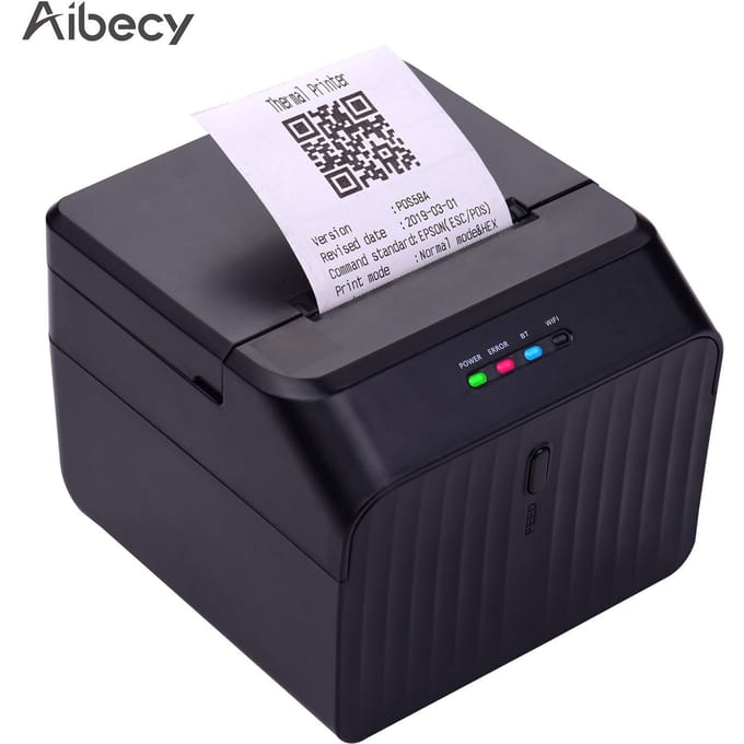 Aibecy Desktop 58mm Thermische Bonprinter Bekabelde Barcodeprinter USB-aansluiting met 2 Rollen Papier US Plug with Biuetooth zwart