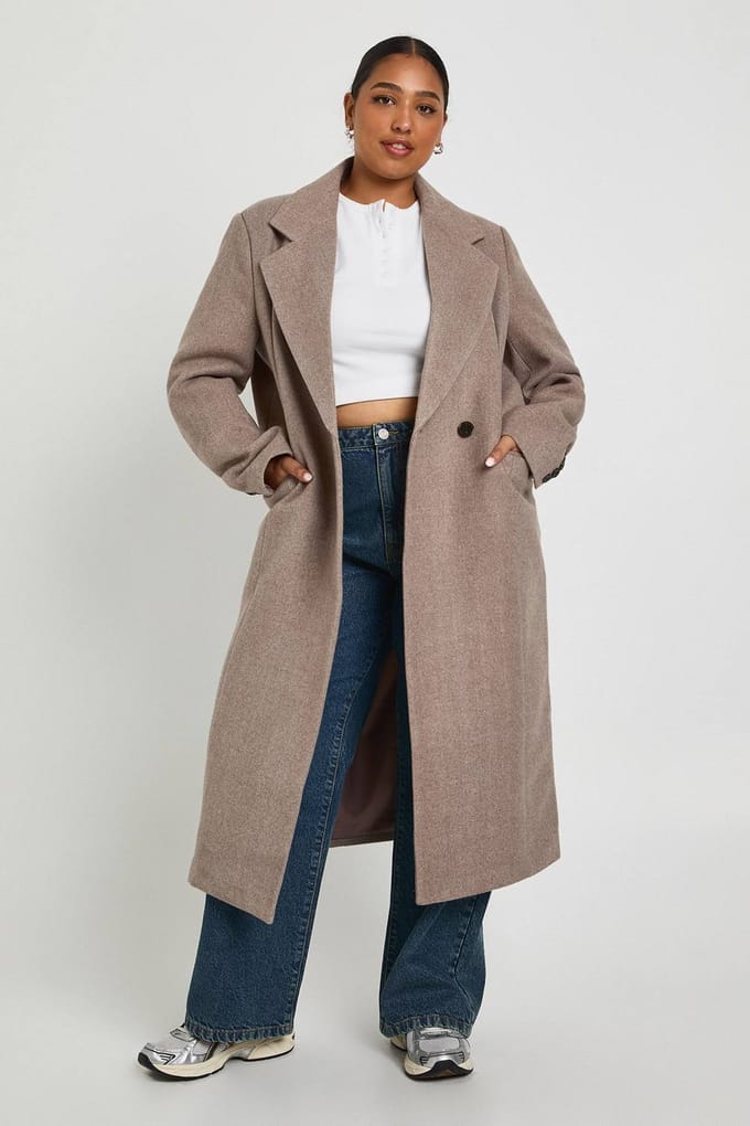boohoo Dames Plus Wool Look Trenchcoat | Stone | Maat: 18