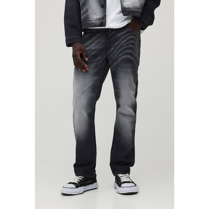 Straight Rigid Laser Print Marble Denim Jeans | Black | Size 56R