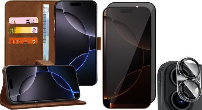 Hoesje geschikt voor iPhone 16 Plus - Privacy Screenprotector Volledig Dekkend Glas & Camera - Portemonnee Book Case Bruin