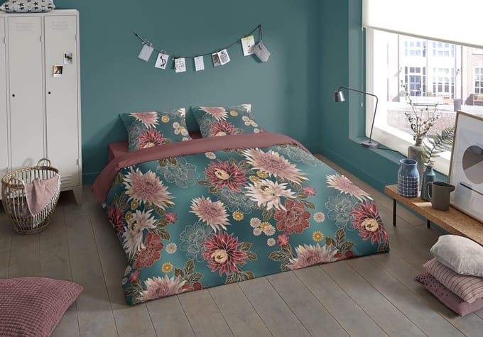 Pure dekbedovertrek bloemen - 1 persoons 140x200/220 cm - Petrol - Microvezel