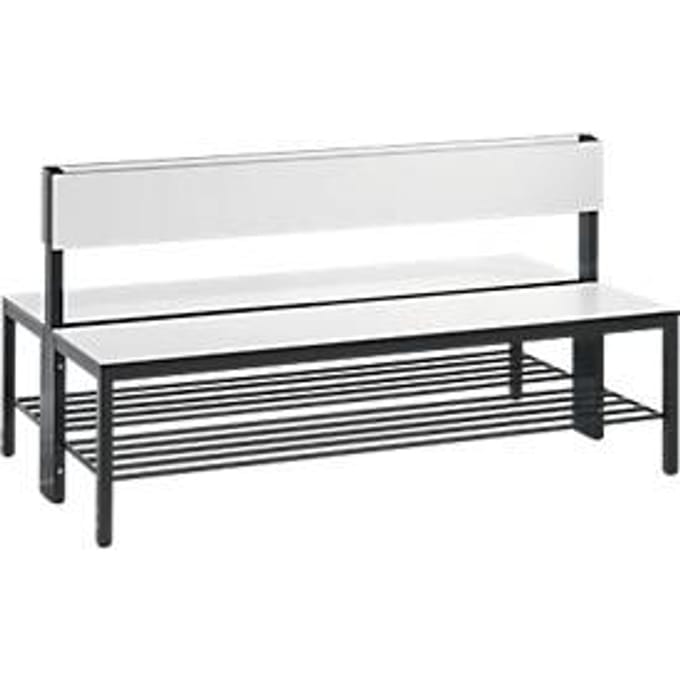 Basic Plus bank, 2-zijdig, met rugleuning en schoenenrek, 4-poots frame zwartgrijs RAL 7021, B 1500 mm, decor wit
