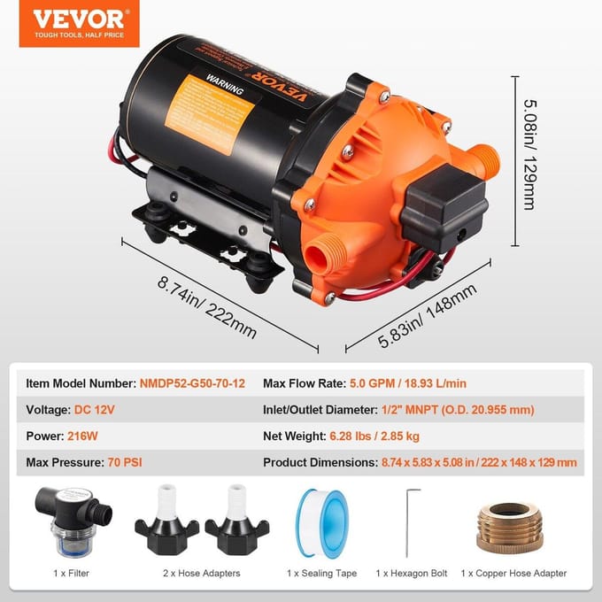Pompe à membrane 12V 5 GPM 18,93 L/min Pompe à eau 5 chambres Pressostat