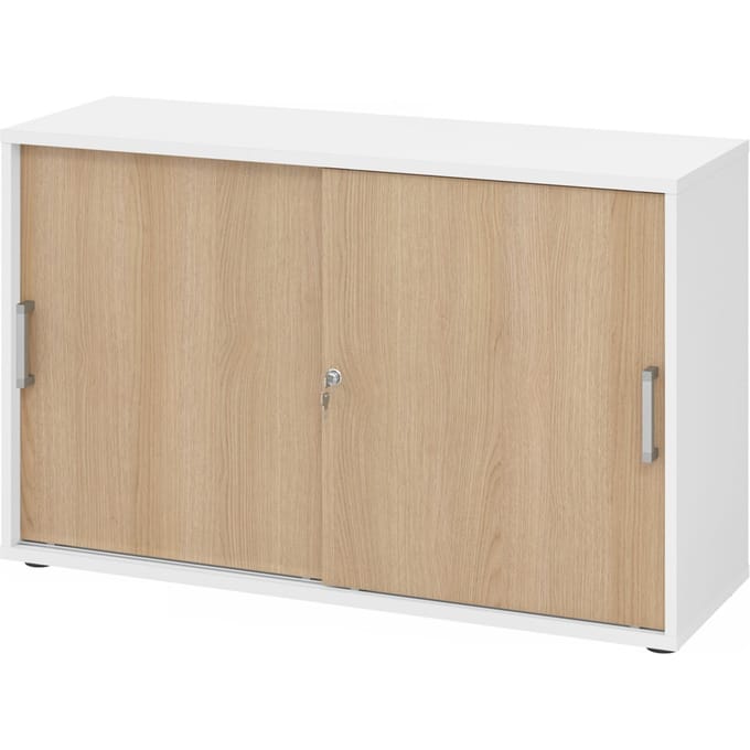 Schuifdeurkast TARVIS, 2 ordnerhoogten, B 1200 x D 400 x H 748 mm, afsluitbaar & stapelbaar, wit/wilde eikenpatroon