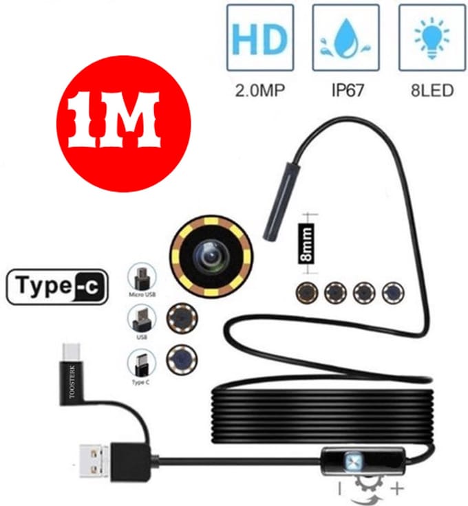 HD Endoscoopcamera 1200P – 8mm Lens, 1M Semi-Rigide Kabel USB & Type-C aansluiting – Geschikt voor Android smartphones en Windows-pc's