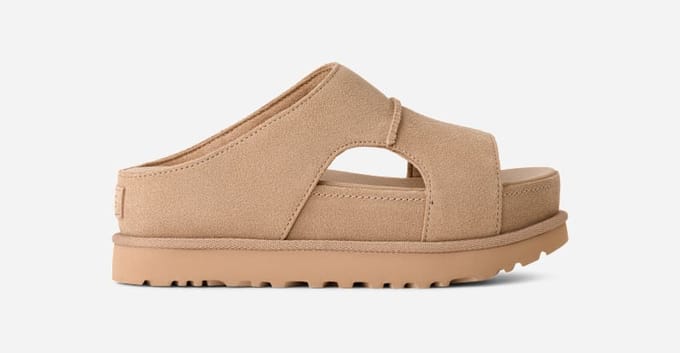 UGG® Goldenstar Hi Cutout Slide Sandal in Tan, Size 9, Suede/Polyester