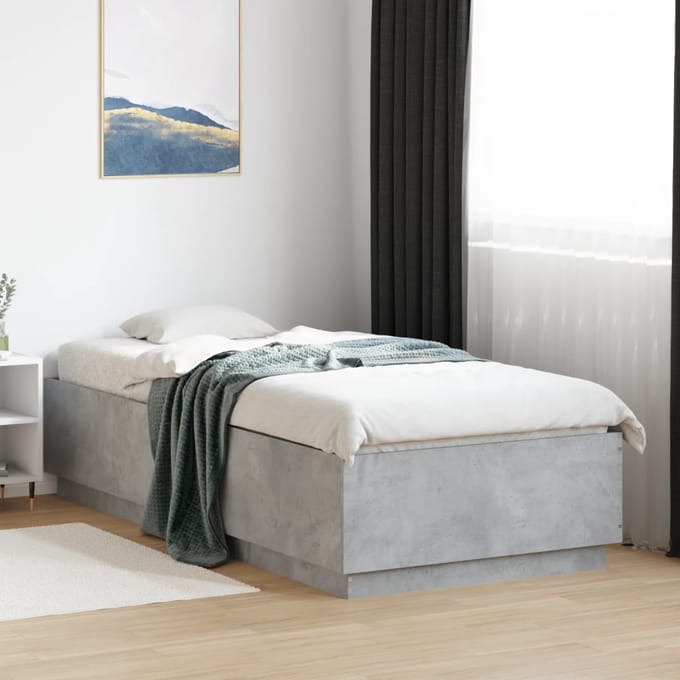 vidaXL - Bedframe - met - LED-verlichting - bewerkt - hout - betongrijs - 90x200 - cm