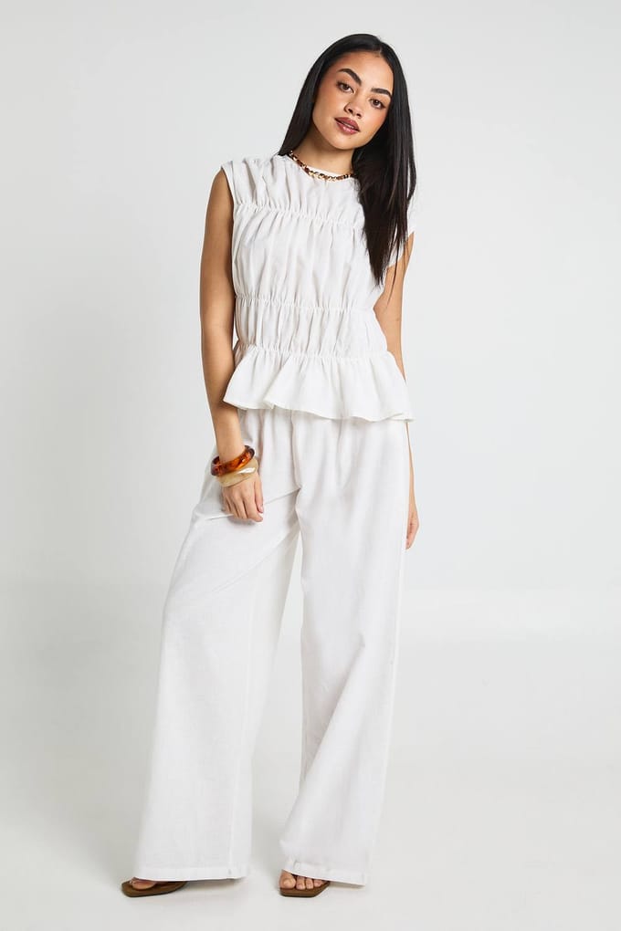 boohoo Dames Linnen-look Top Met Shirring & Wijde Broek Co-ord | Wit | Maat: 34