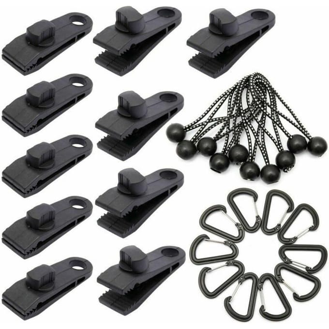 30 stuks Outdoor Tarp Clips Heavy Duty Lock Grip Tentbevestigingsmiddelen Klemmen met Bungee Ball Cords zwart