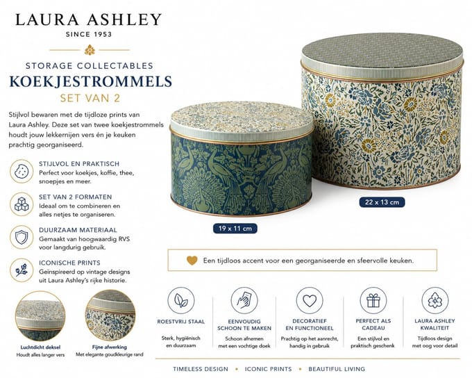 Laura Ashley Storage Collectables Koekjestrommels - Bewaarblik rond - Koekblik - Set van 2 - Daniela en Peacock Geel