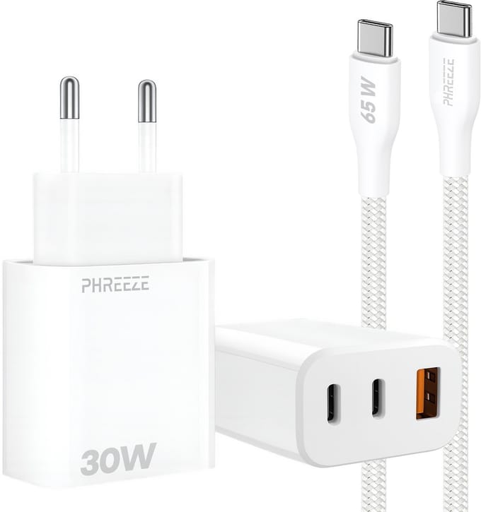 30w usb adapter met 3 poorten 2x Usb met usb C kabel 1m wit snellader