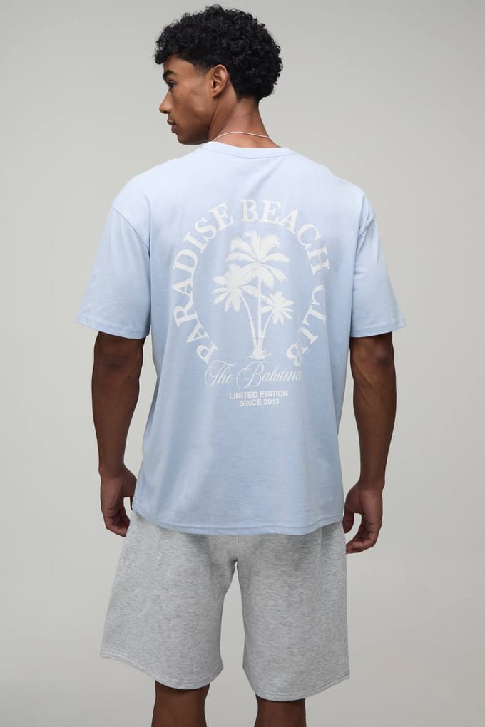 Oversized Paradise Beach Club Palm Tree T-Shirt & Short Set | Light Blue | Size Medium