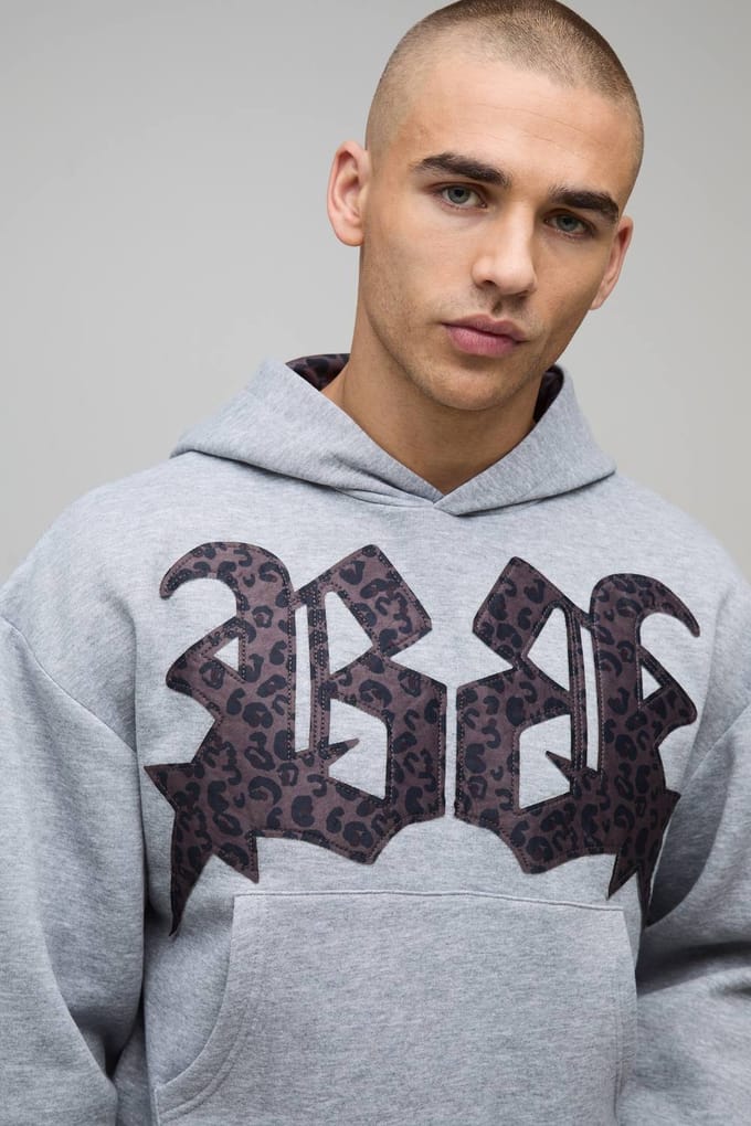 Oversized Shrunken Boxy Luipaardprint Applique Hoodie | Grey Marl | Size Medium