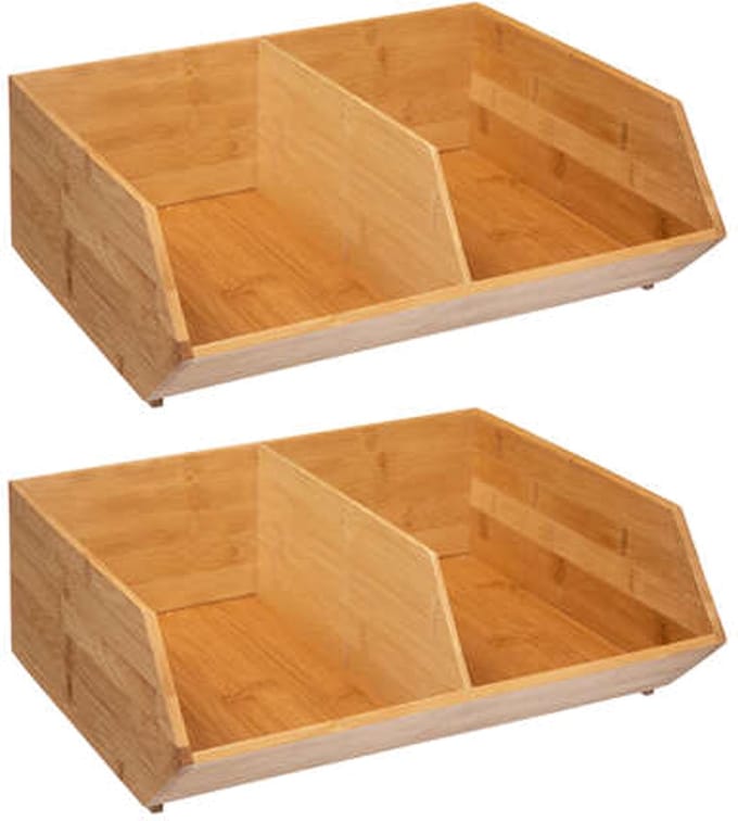 5Five Stapelbare opbergmand 2 vaks organizer - 2x - L35 x B31 x H12 cm - bamboe hout - lichtbruin