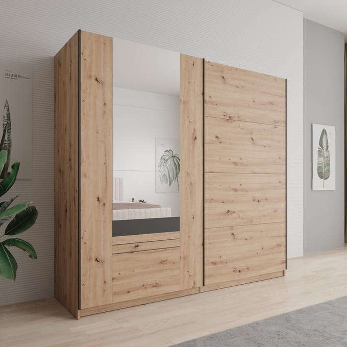 Meubella - Basmira - Kledingkast - Schuifdeuren - Eiken - 220x62x205 cm