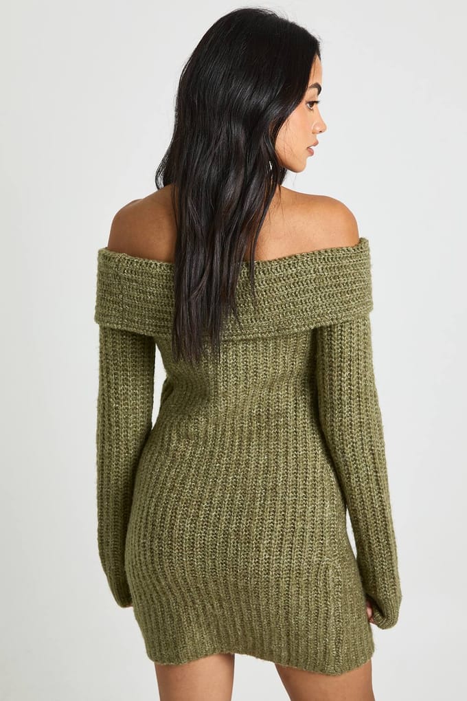 boohoo Dames Chunky Knit Bardot Mini Jurk | Khaki | Maat: Medium