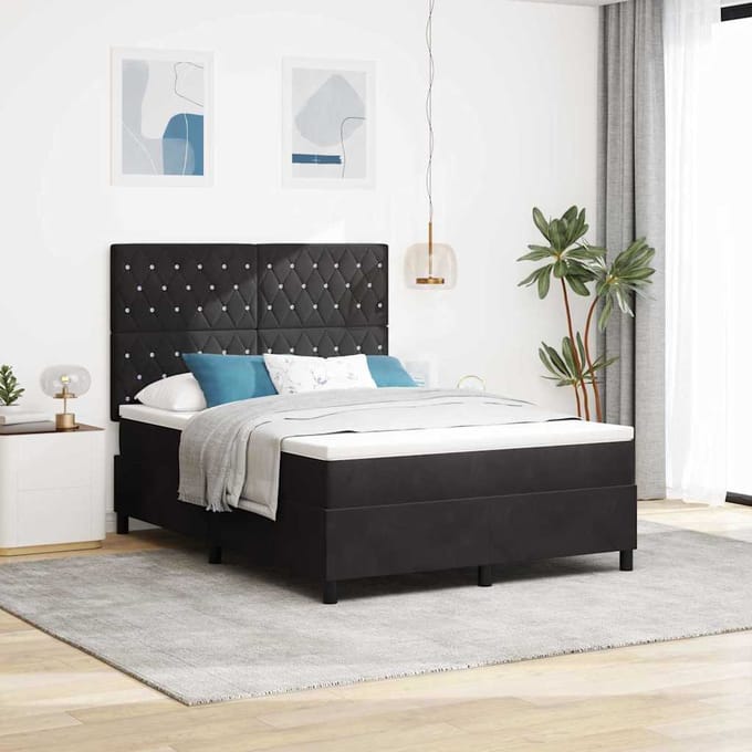 vidaXL - LED - Box - Spring - Bed - met - matras - Zwart - 160 - x - 200 - cm - Fluweel