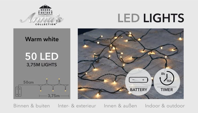 Anna's Collection Kerstverlichting - warm wit -375 cm - 50 leds - zwart snoer - batterij