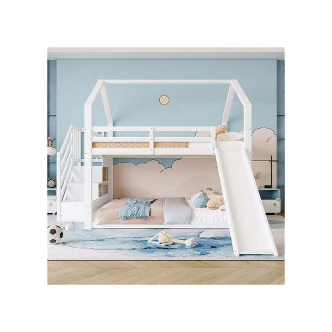 Stapelbed - MUVOE - Stapelbed met opbergladder en glijbaan - 140x200 cm - Grenen en MDF - Wit wit