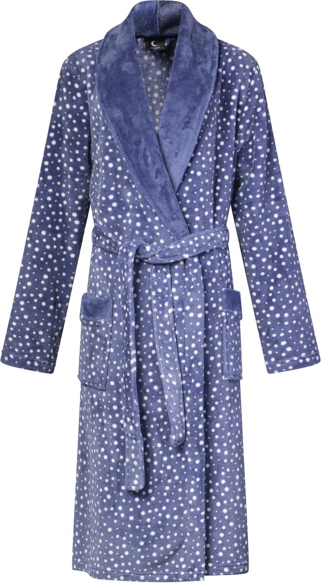 Lunatex - dames badjas - luxe coral fleece - blue white dot - maat S/M