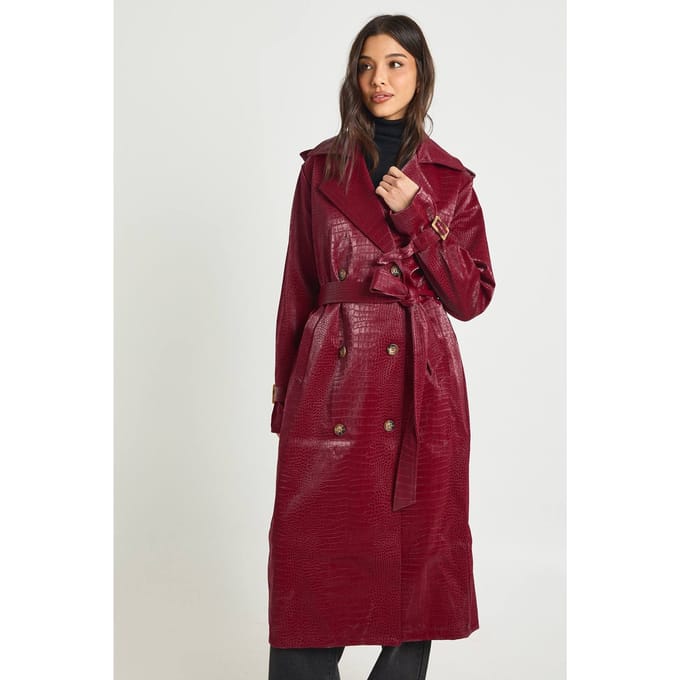 boohoo Dames Croc Faux Leather Trench Coat | Red | Maat: 8