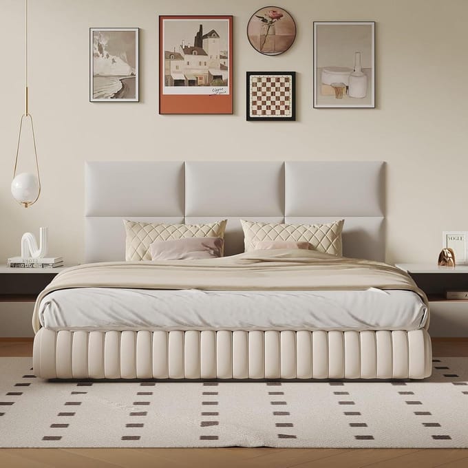 6 Piece Wall Mounted Headboard Set - White Peel and Stick Upholstered Headboard for Queen Bed, Floating Bed Back Board, 60x30cm Panels Faux Leather