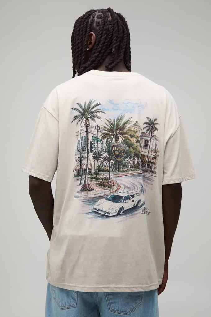 Steenkleurig Oversized T-shirt Met Palm Beverly Hills Print | Stone | Size Medium