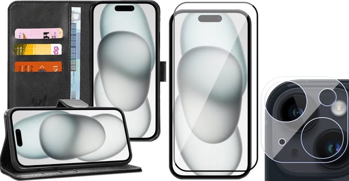 Hoesje geschikt voor iPhone 15 Plus - Screenprotector FullGuard & Camera Lens Screen Protector - Book Case Kunstleer Pasjeshouder Zwart