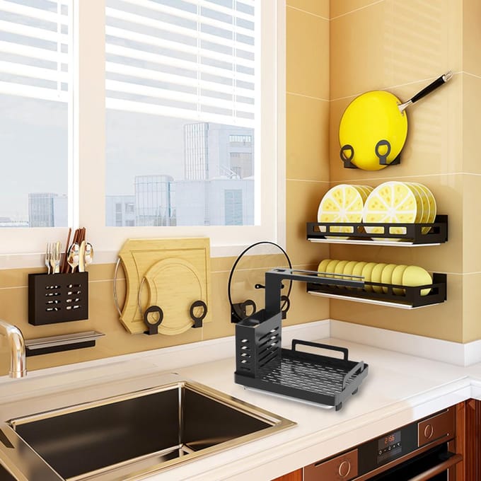 Organiseur d'évier de cuisine en acier inoxydable 304, support distributeur de savon, éponge, brosses et chiffons noir
