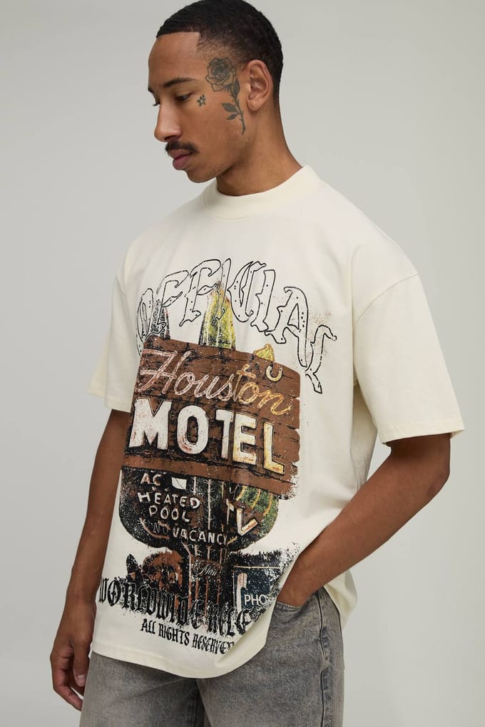Ecru Oversized Motel Western Print T-shirt | Size 3XL