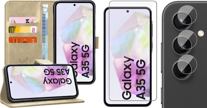 Hoesje geschikt voor Samsung Galaxy A35 - Screenprotector Glas & Camera - Portemonnee Book Case Goud