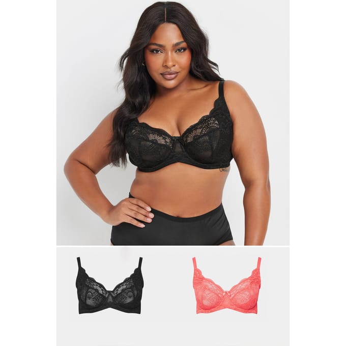 Yours 2 Pack Bh's Met Bloemenkant En Beugel In Zwart/Roze Size 100C