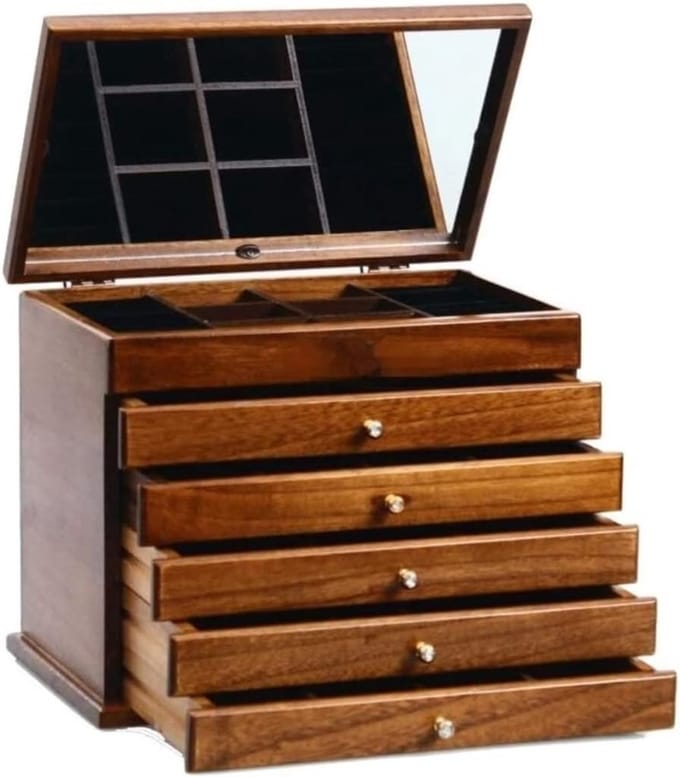 Sieradendoos Organizer - Opbergkoffer - Sieraden Opbergen - Met Spiegel - 32 cm - Houtkleur