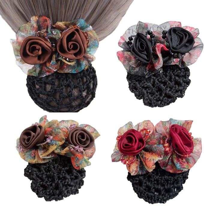 Dailygoods- Haarclip Antislip - 3 Stuks Bloem - Snood Net Barrette - Haaraccessoire - Stof/Strass - 9 cm - Haarnetje