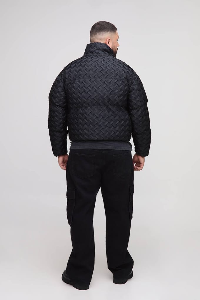 Plus Oversized Fit Woven Textured Funnel Neck Puffer Jacket | Black | Size 2XL