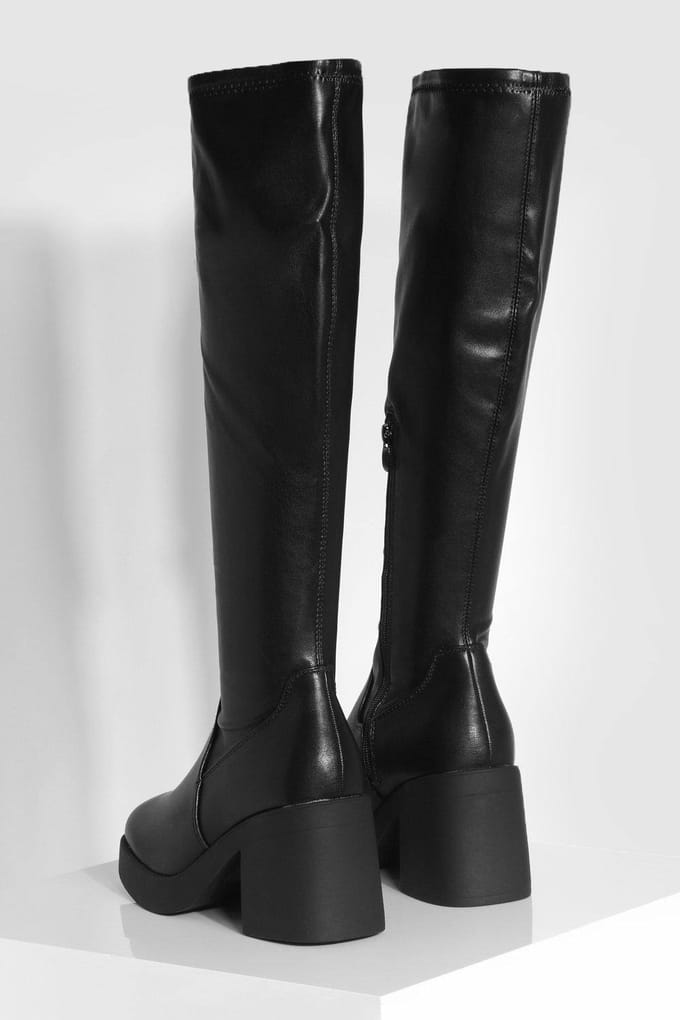 boohoo Dames Wijde pasvorm stretch blockhakken kuit hoge laarzen | Black | Maat: 3
