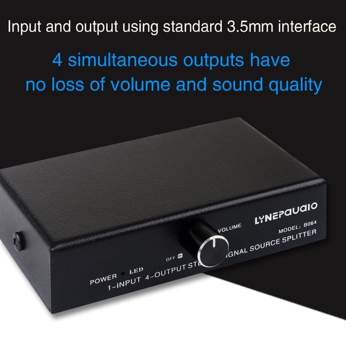 LYNEPAUAIO B064 1 in 4 uit Audiosignaalverdeler Stereosignaalbron Audiosplitter Verliesloos 3.5mm Interface zwart