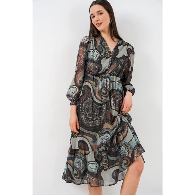 V-hals Midi-jurk met knoopsluiting