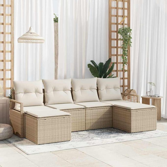 vidaXL Bankstel met kussen met opslag 6 pcs Beige en Crème poly rattan