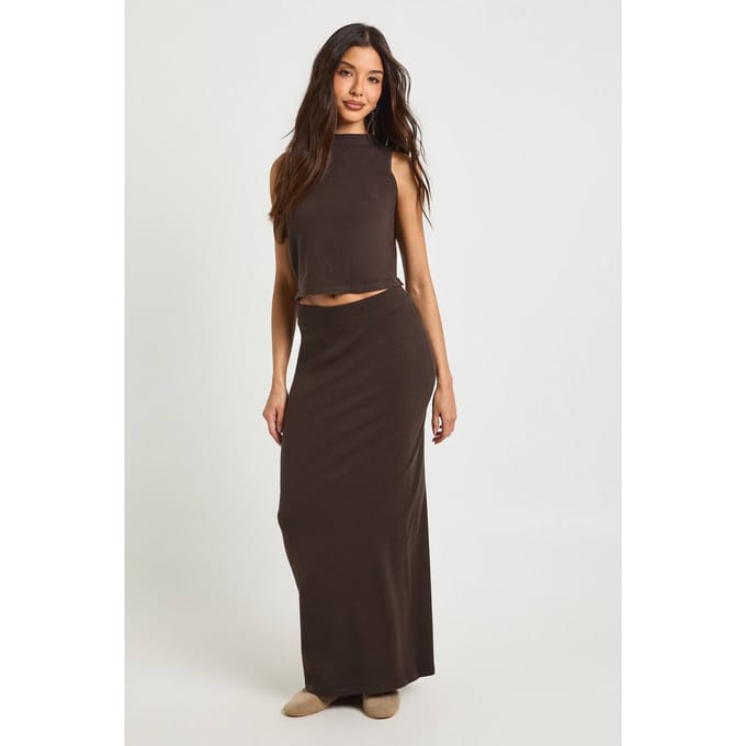 boohoo Dames Geribbelde Gebreide Coltrui en Maxi Rok Co-Ord Set | Chocoladebruin | Maat: Large